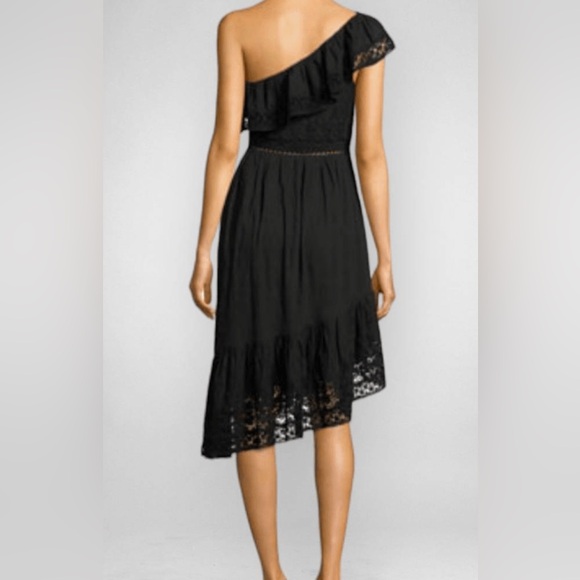 LoveShackFancy Pamela Asymmetric One Shoulder Ruffle Lace Dress Black - Picture 2 of 8